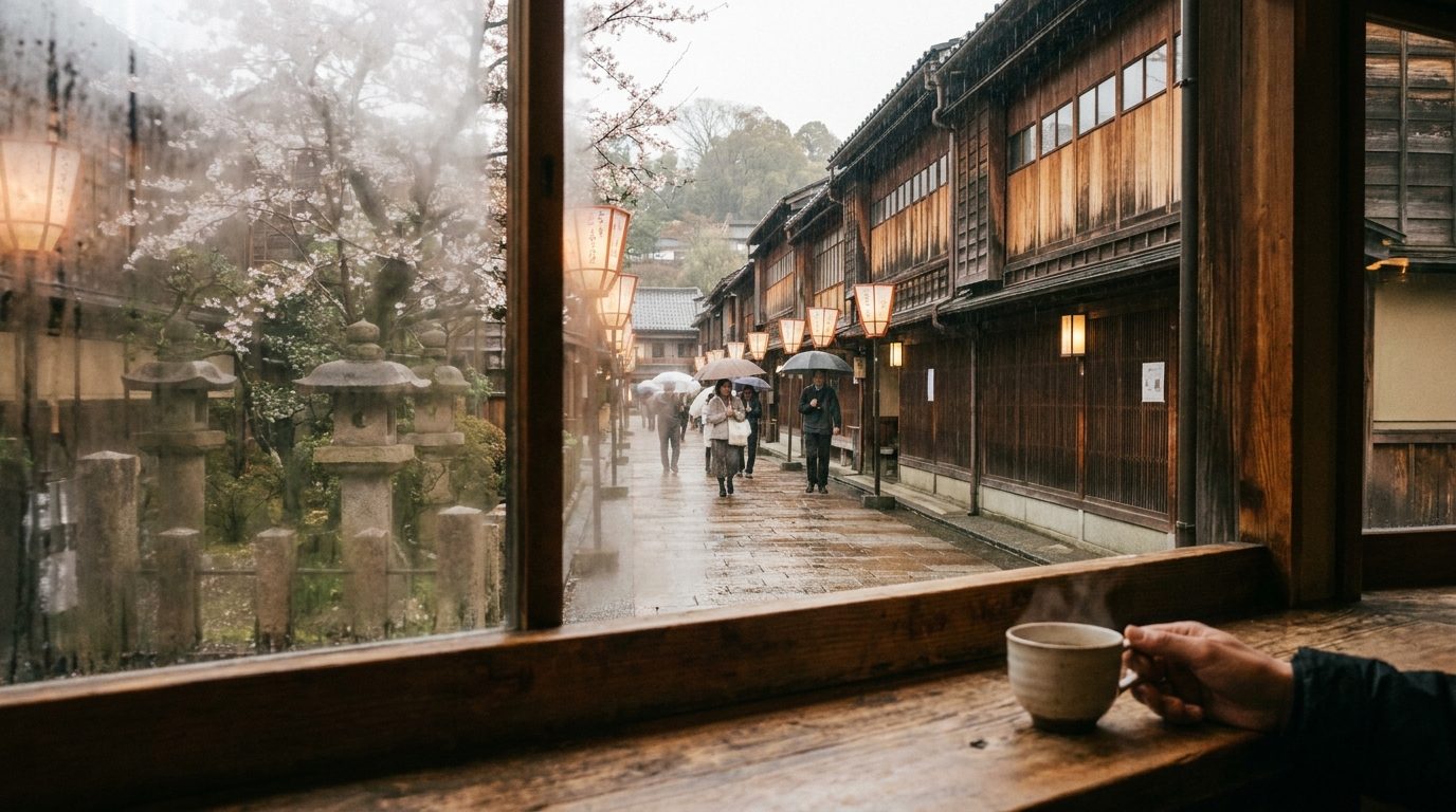 Rainy afternoon view from Kanazawa café window showing traditional machiya street