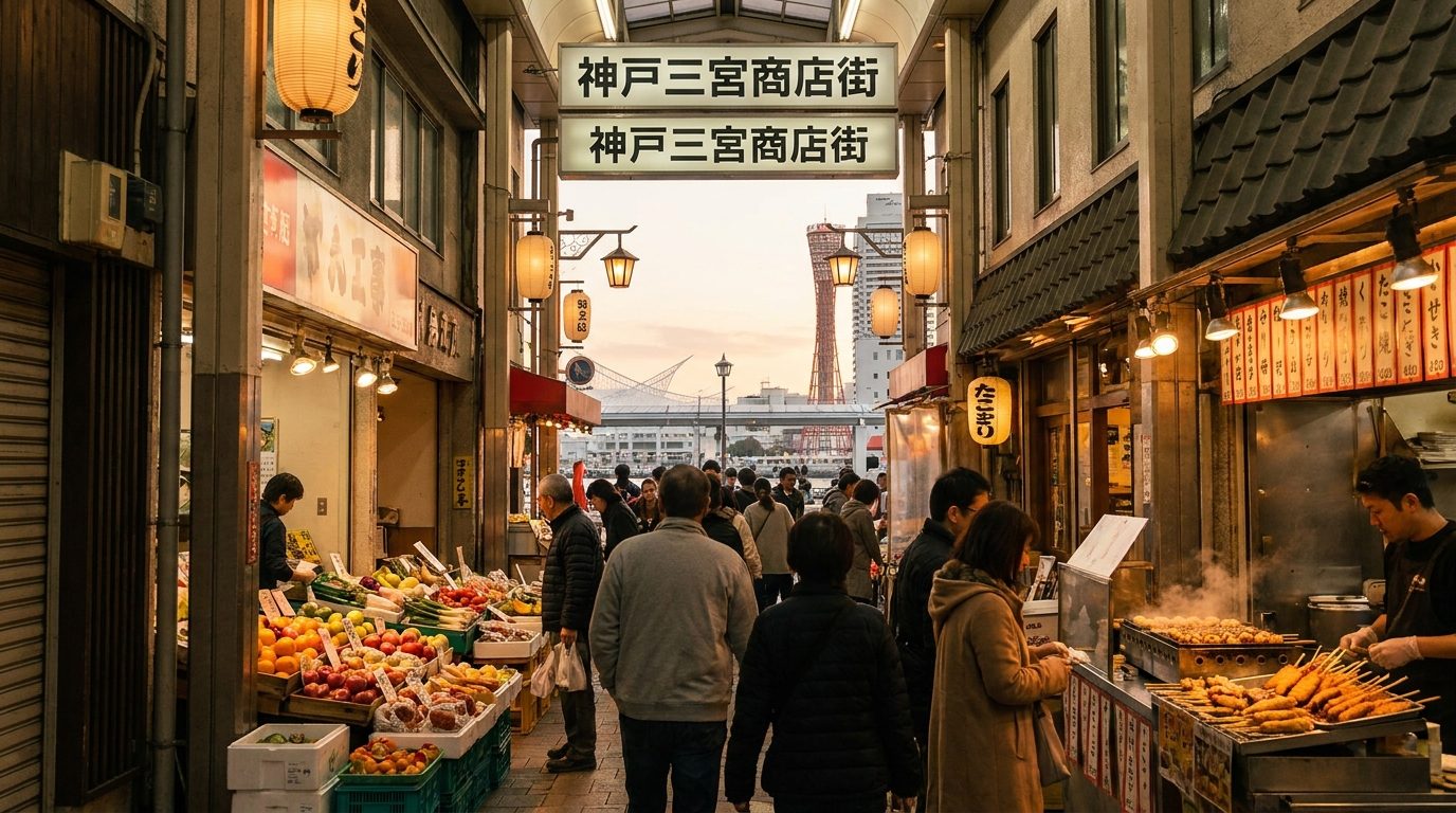 Kobe Sannomiya covered arcade market stalls selling fresh produce and street snacks
