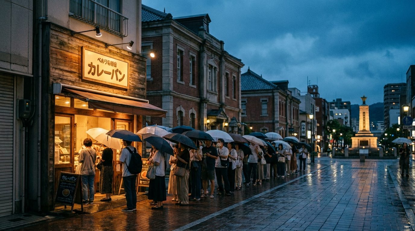Kobe Motomachi street scene with local bakery curry bun queue and shopfront