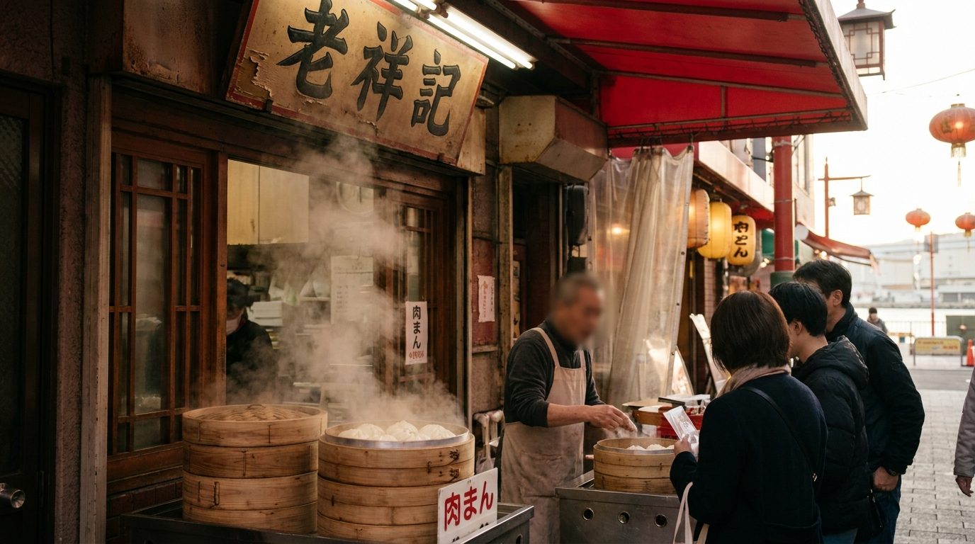Kobe Nankinmachi Chinatown steaming pork buns at old Roushoko storefront daytime