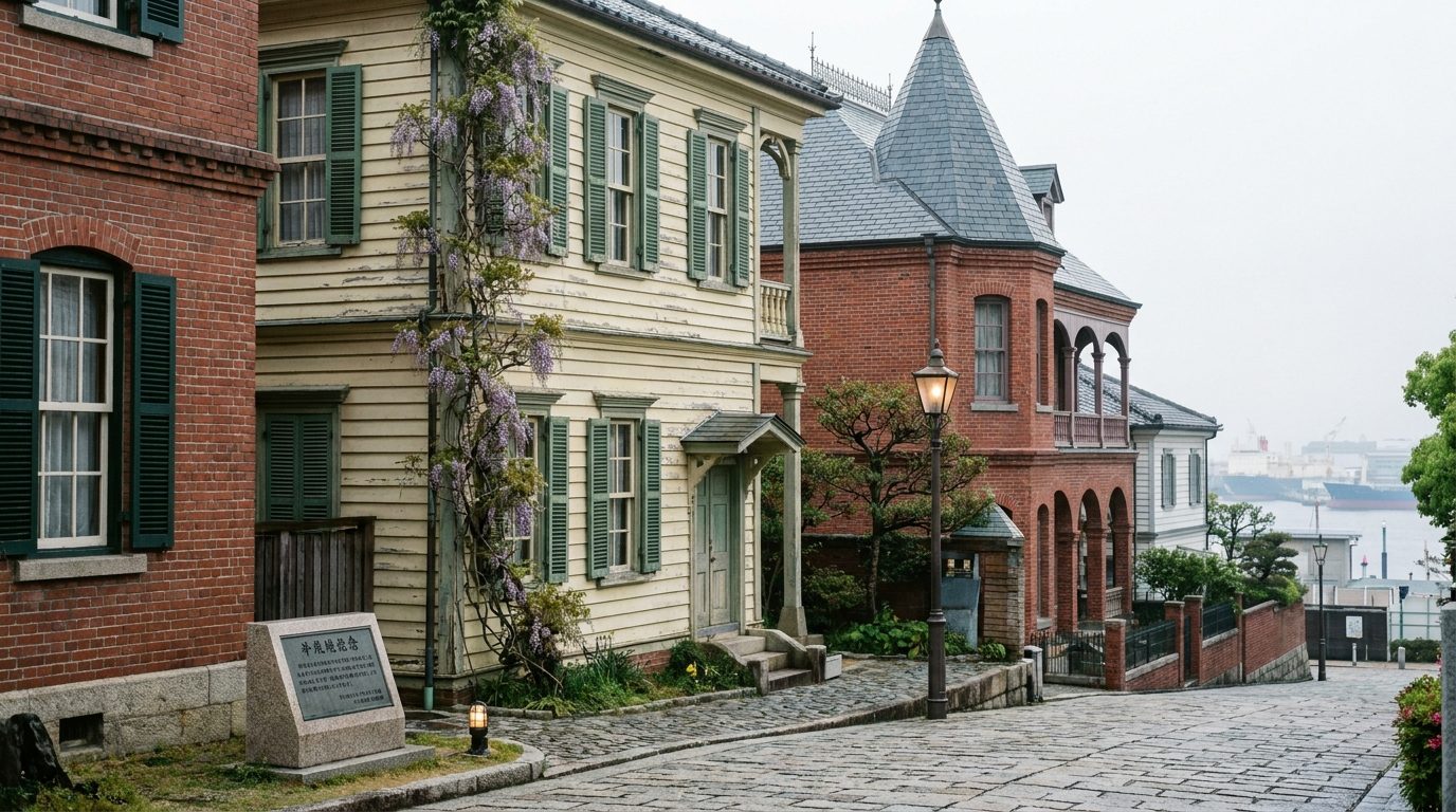 Kobe Kitano Ijinkan Western-style residence facades in morning light, 1890s architecture