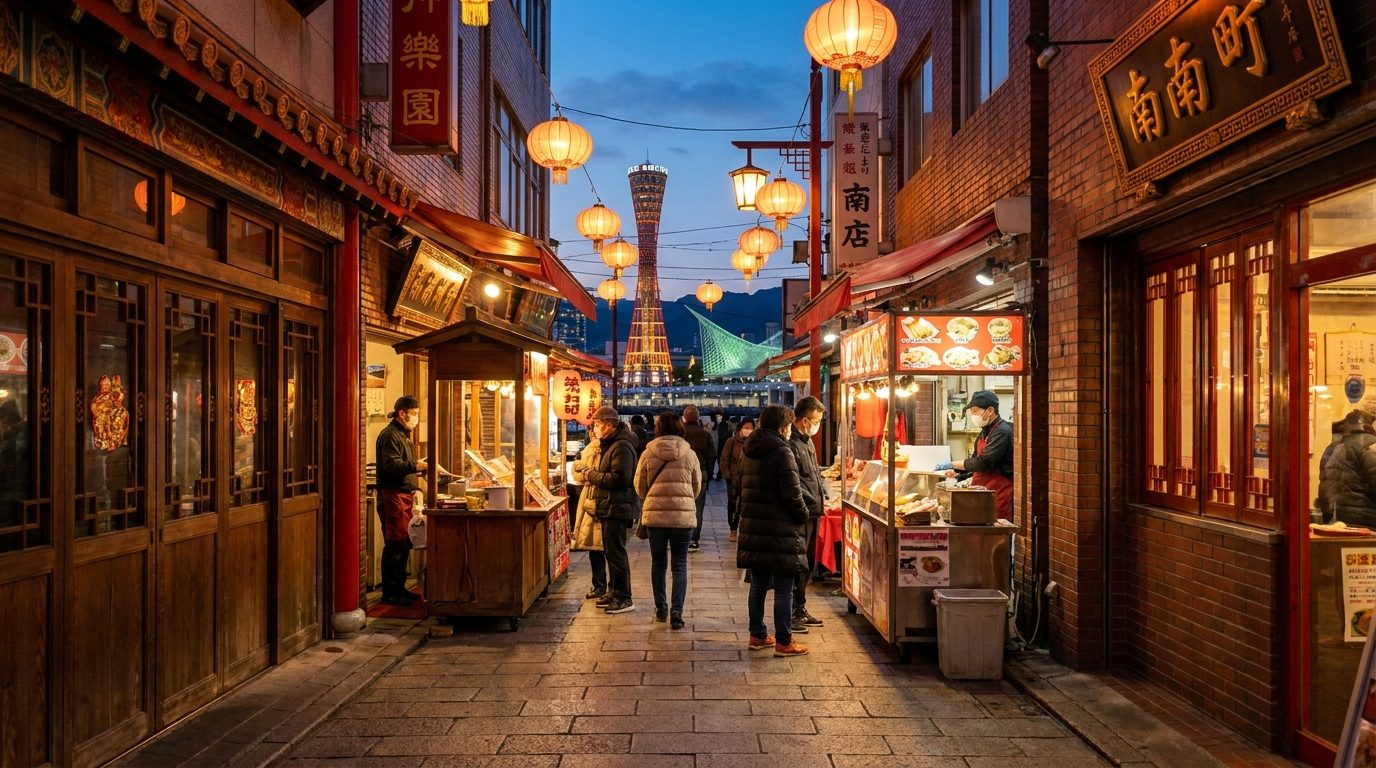 Kobe Nankinmachi Chinatown narrow alley vendors and traditional shop facades at dusk