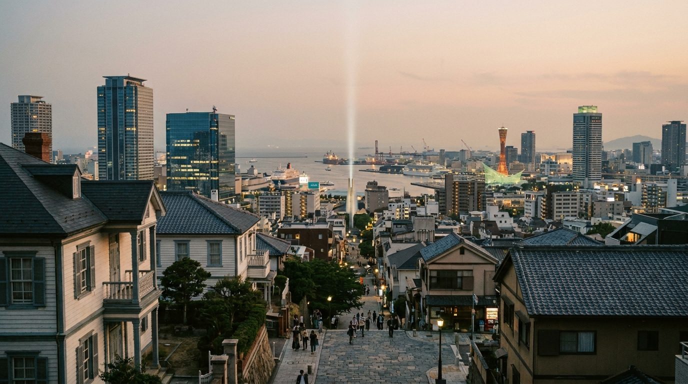 Kobe city panorama from Kitano hill, layered architecture spanning Meiji to contemporary periods