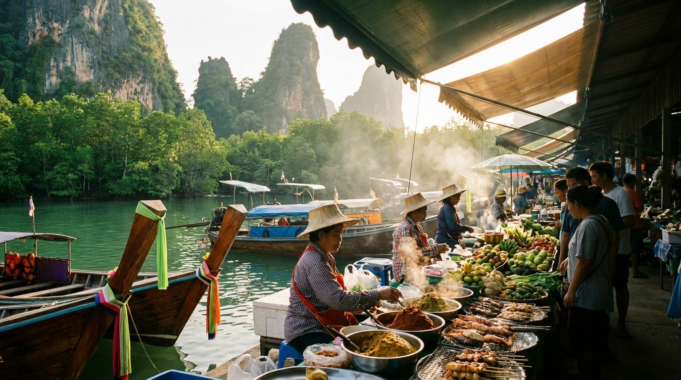 Krabi town morning market stalls with fresh Thai food and local vendors