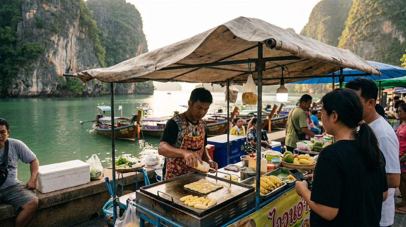 Thai roti with banana and condensed milk at Krabi town morning market stall
