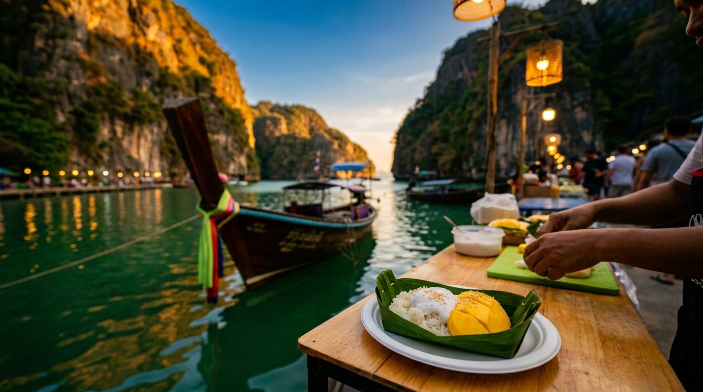 Fresh mango sticky rice with coconut milk at a Krabi street food stall in the evening