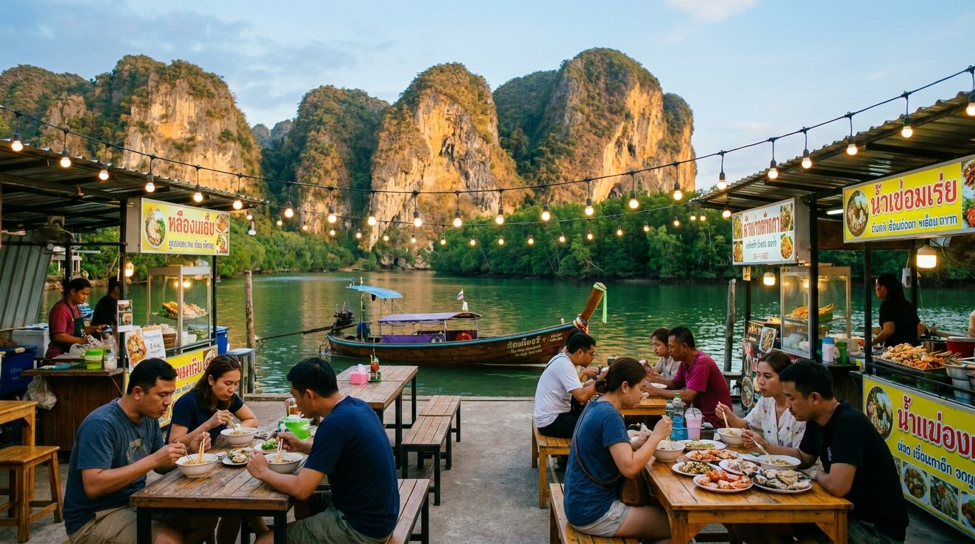 Krabi Town Night Market outdoor seating with local Thai food stalls lit up at dusk
