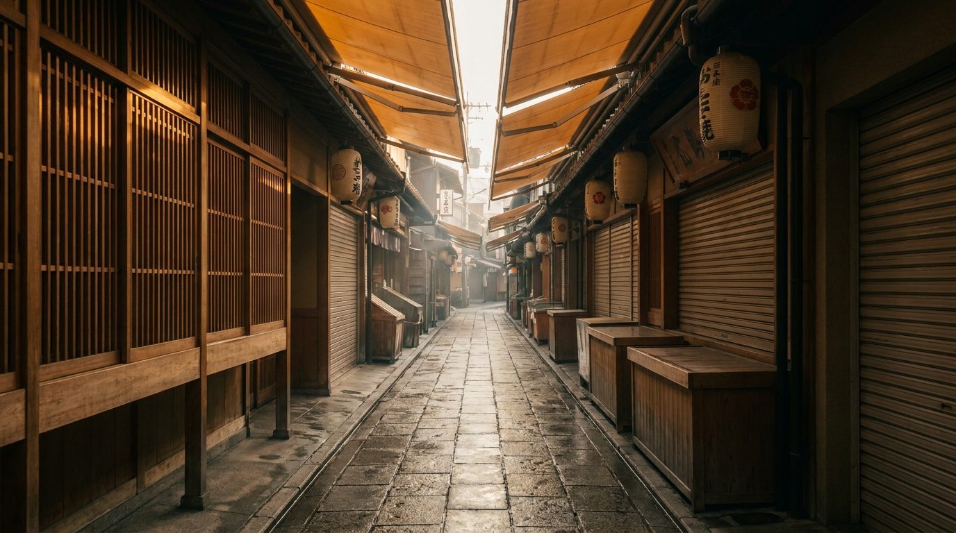 Kyoto Nishiki Market narrow covered arcade morning light empty stalls