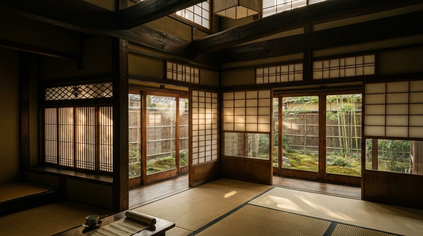 Kyoto machiya townhouse interior wooden beam afternoon light tatami