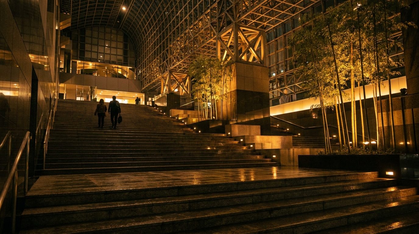JR Kyoto Station grand staircase interior Hiroshi Hara architecture night illumination