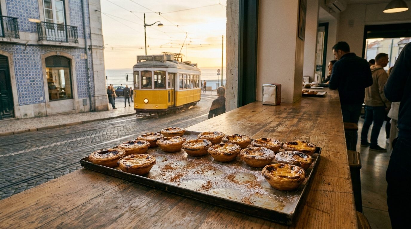 Golden pastel de nata fresh from oven at Lisbon bakery counter morning light