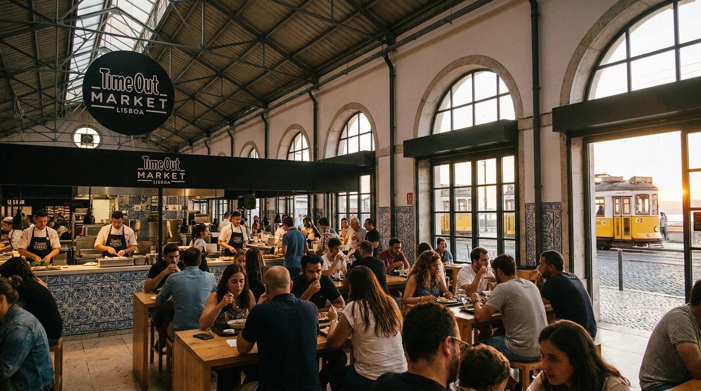 Time Out Market Lisboa interior food stalls lunch crowd Cais do Sodre