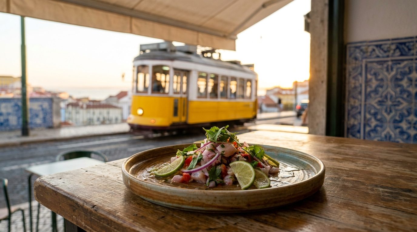 Fresh ceviche plate with lime herbs at A Cevicheria Lisbon Principe Real