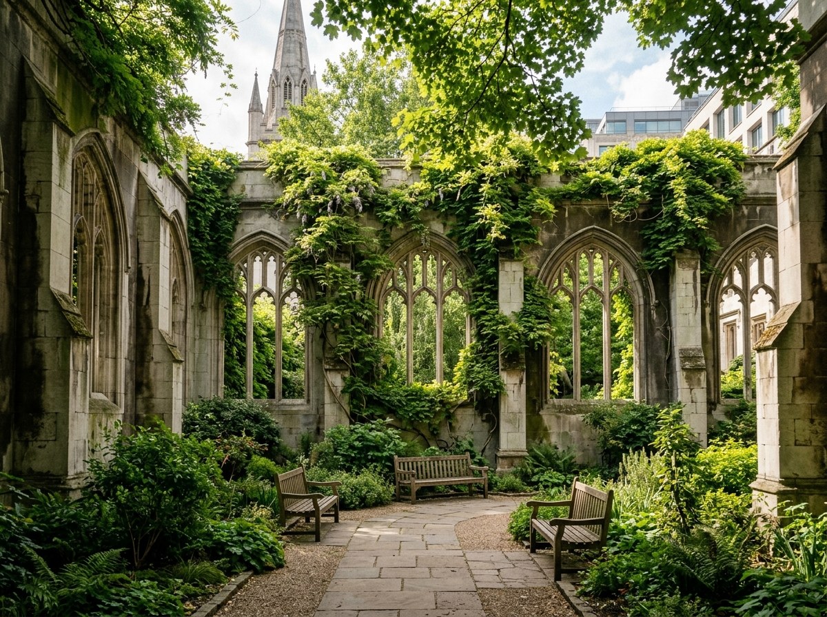 St Dunstan in the East廢墟花園，常春藤爬滿哥德式窗框