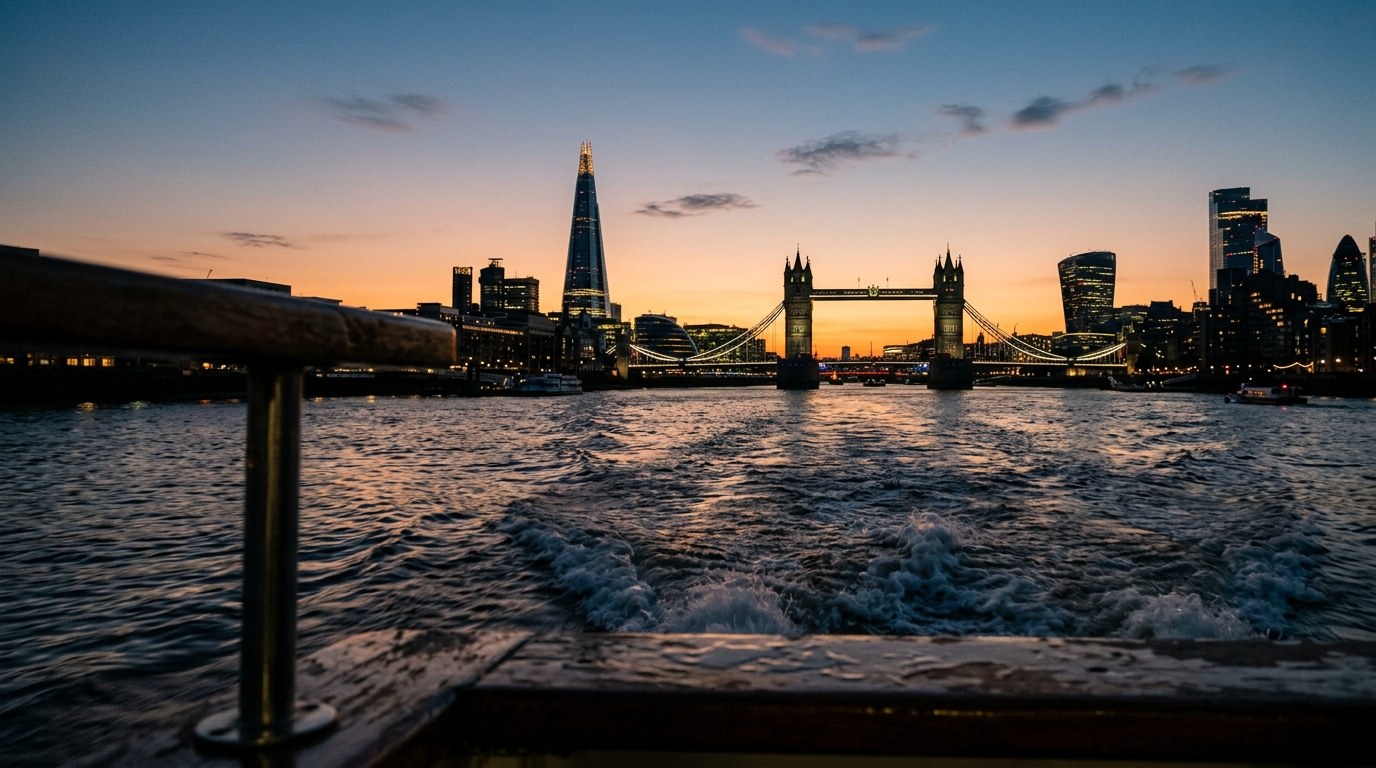 從Thames Clipper看向金融城天際線，黃昏