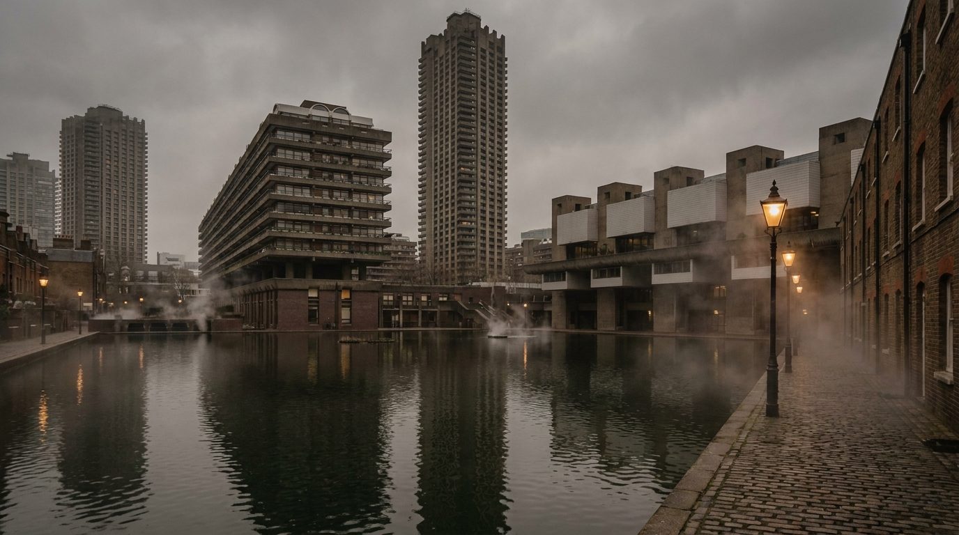 Barbican Estate brutalist towers reflected in estate lake, London EC2Y, overcast sky