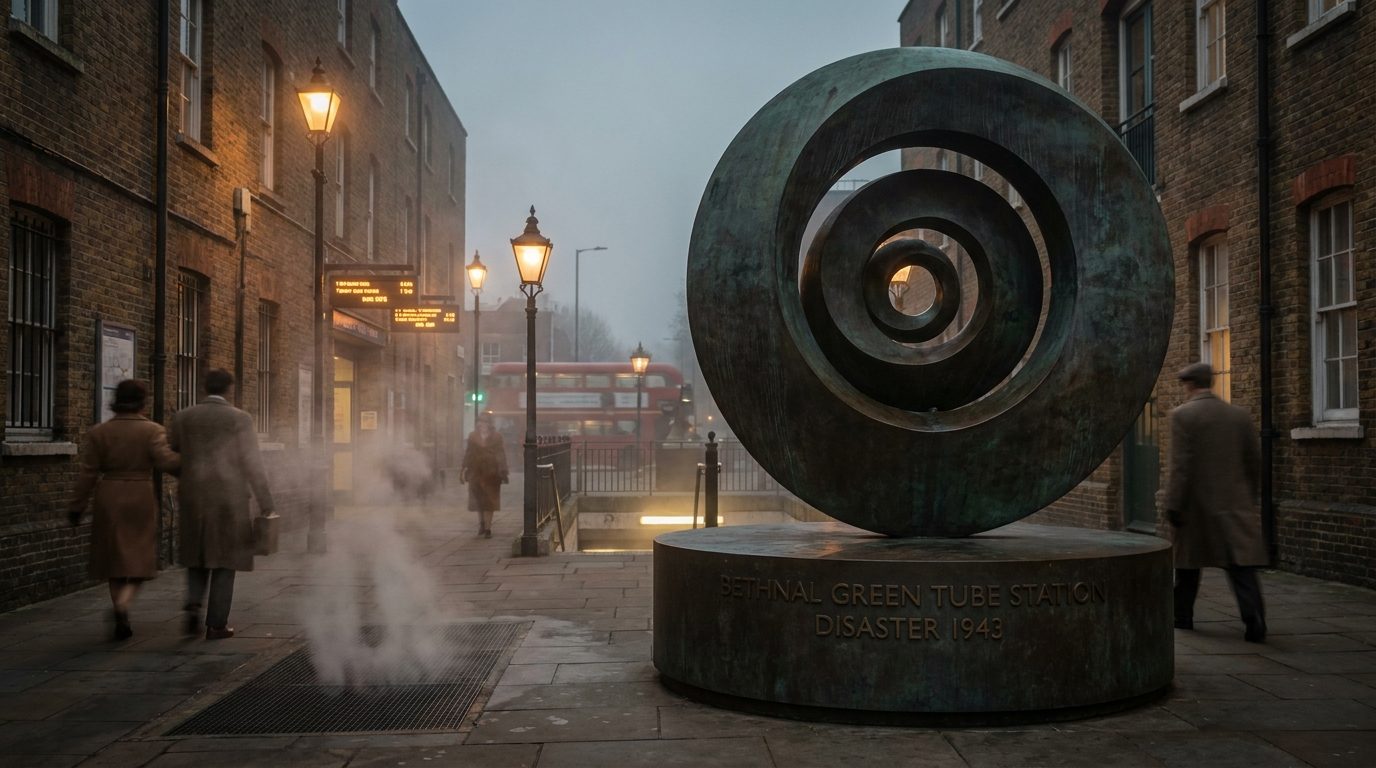 Bethnal Green Memorial bronze spiral structure at tube station entrance, east London