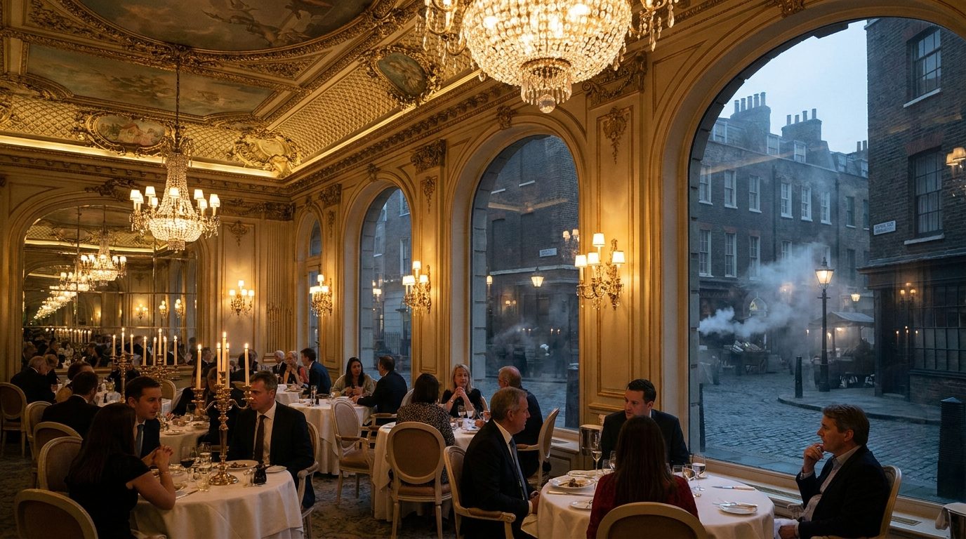 The Ritz London Restaurant interior, gilded Louis XVI ceiling, evening dining service