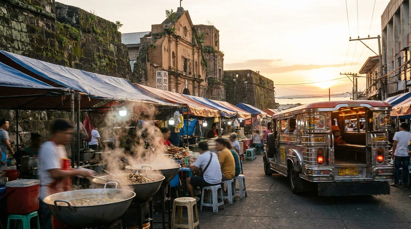 Manila street food stalls at Quiapo market with steaming pots and plastic stools