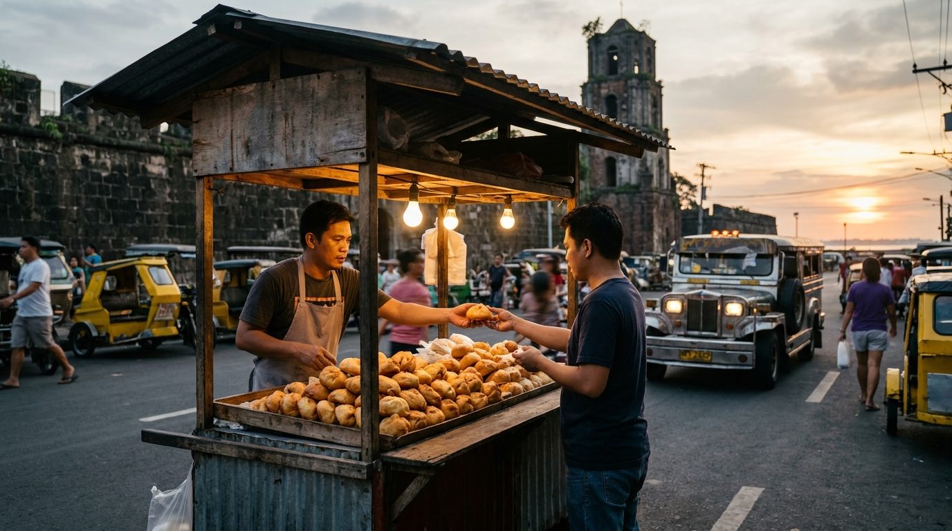 Binondo Chinatown Manila siopao stall with golden fried buns on display