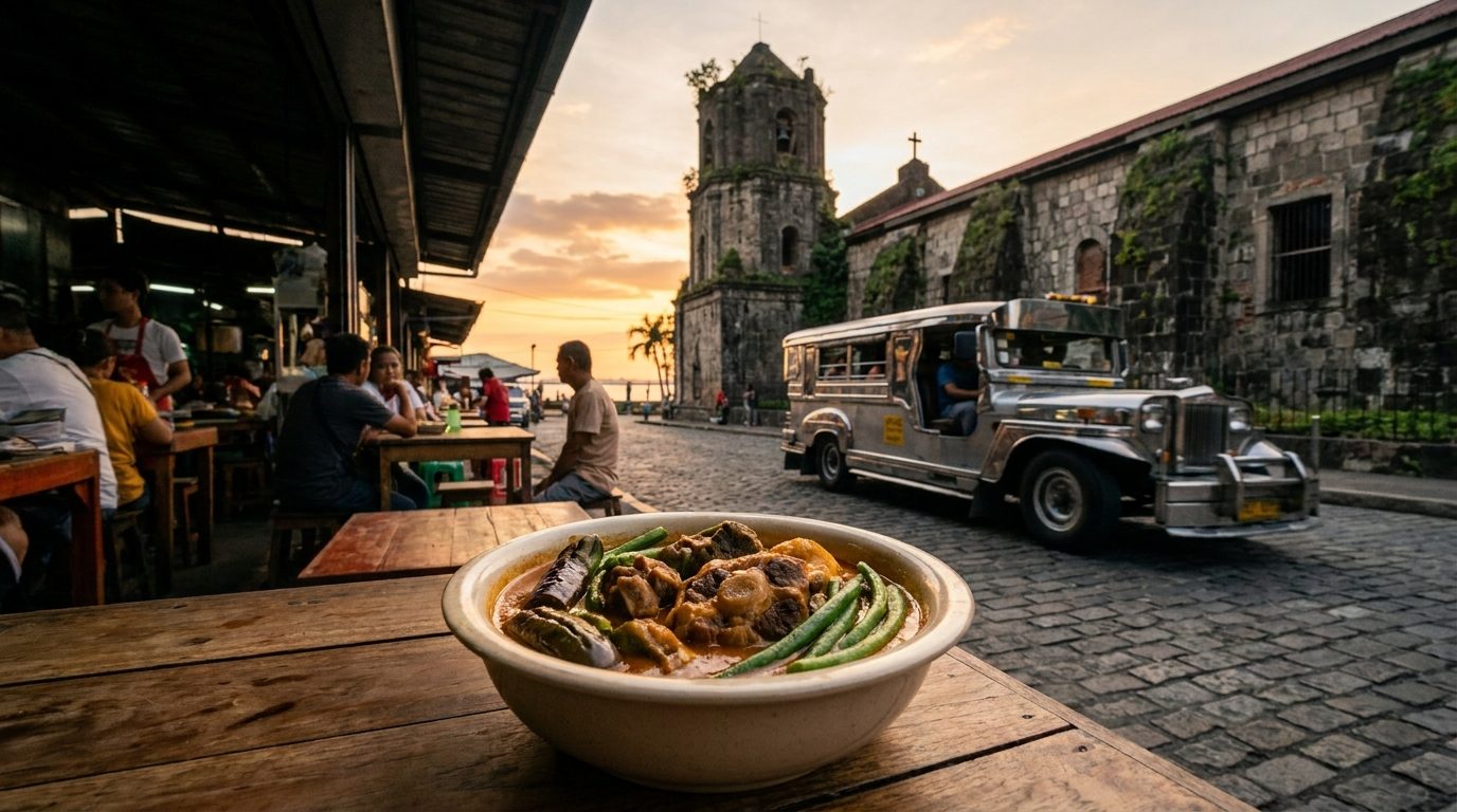 Kare-kare Filipino peanut stew with oxtail and vegetables served at Paco Market Manila