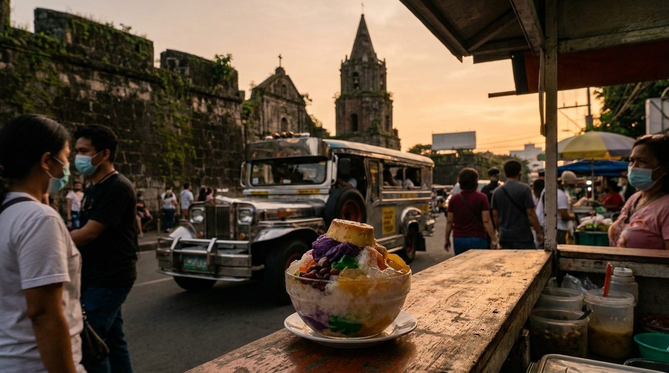 Halo-halo Filipino shaved ice dessert with colorful toppings at Manila street stall