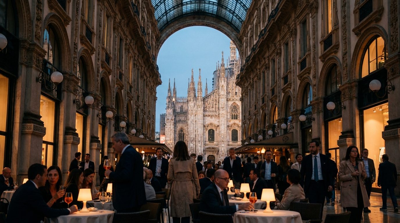 Milan Duomo Cathedral Gothic spires seen from Galleria Vittorio Emanuele II arcade
