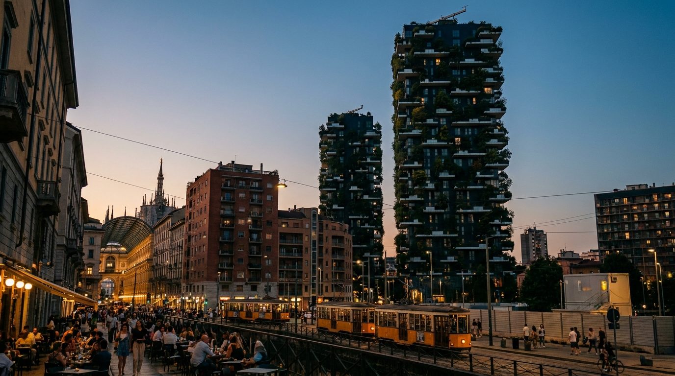 Bosco Verticale vertical forest towers rising above Porta Nuova Milan district at dusk