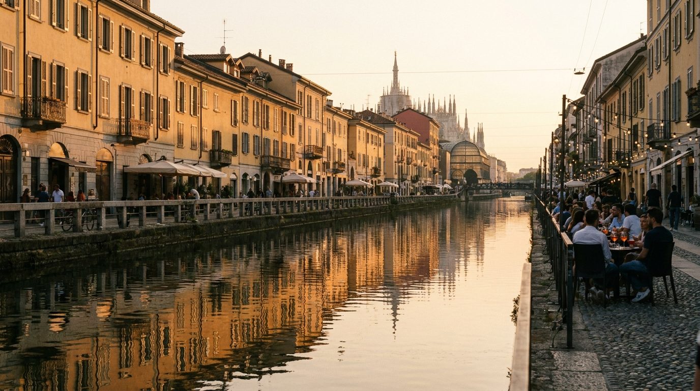 Naviglio Grande canal at golden hour with traditional Milanese terraced houses reflected in water