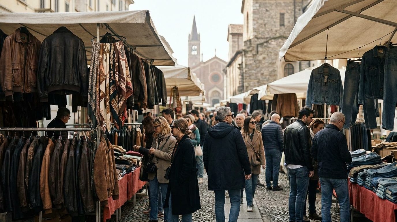 Milan Mercato Papiniano outdoor market stalls with vintage clothing Saturday morning