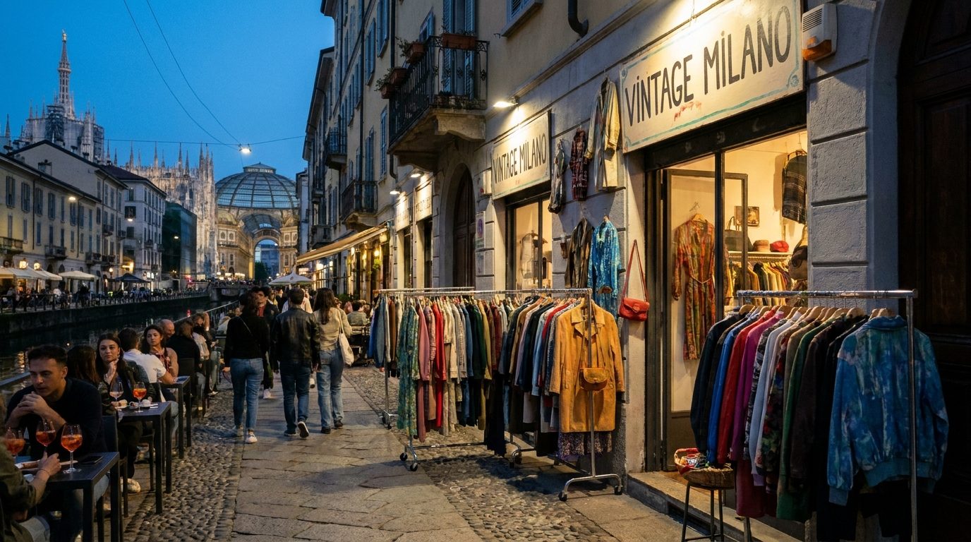 Navigli canal Milan vintage boutique shopfront colourful display secondhand clothing
