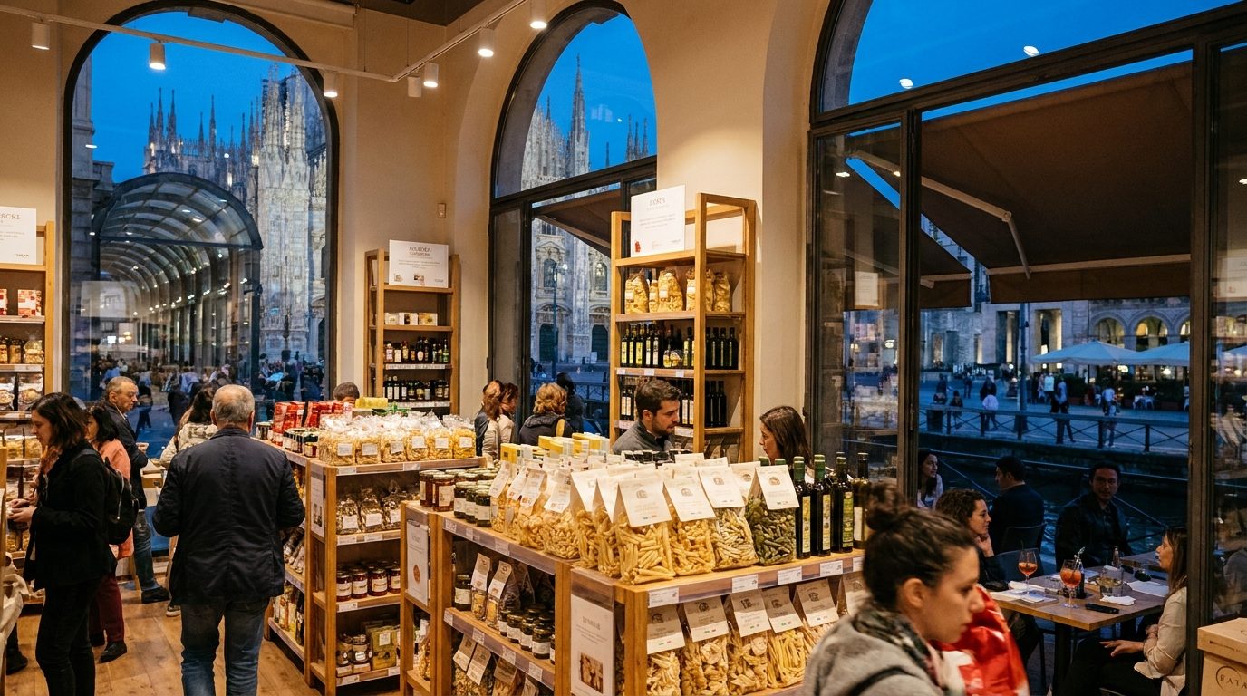 Eataly Milan Smeraldo interior artisan Italian food products pasta shelves bright lighting