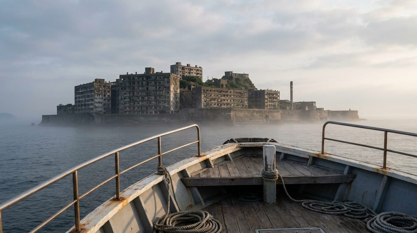 Hashima Island Nagasaki abandoned concrete apartment blocks seen from ferry bow morning light