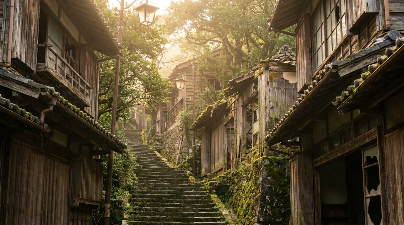 Nagasaki hillside abandoned wooden townhouses morning side light moss covered stone steps