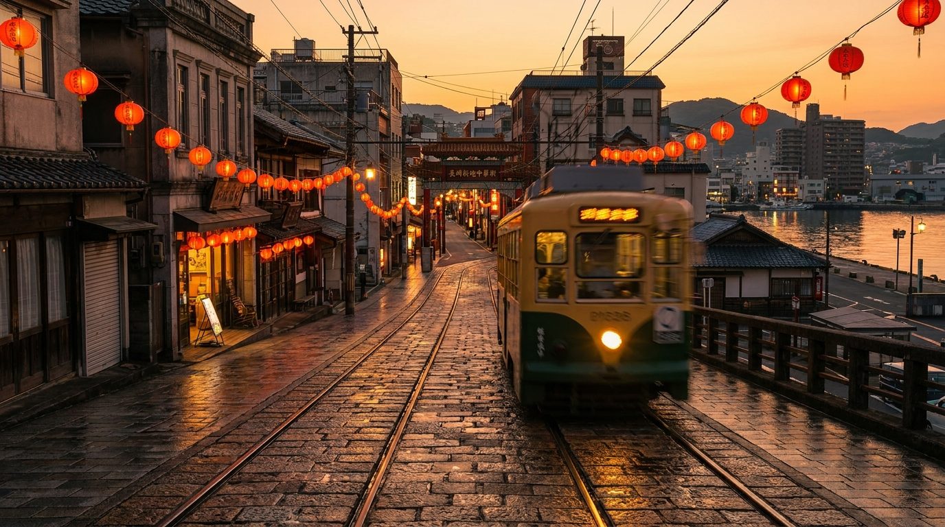 Nagasaki tram tracks reflecting sunset light looking toward Chinatown district long exposure