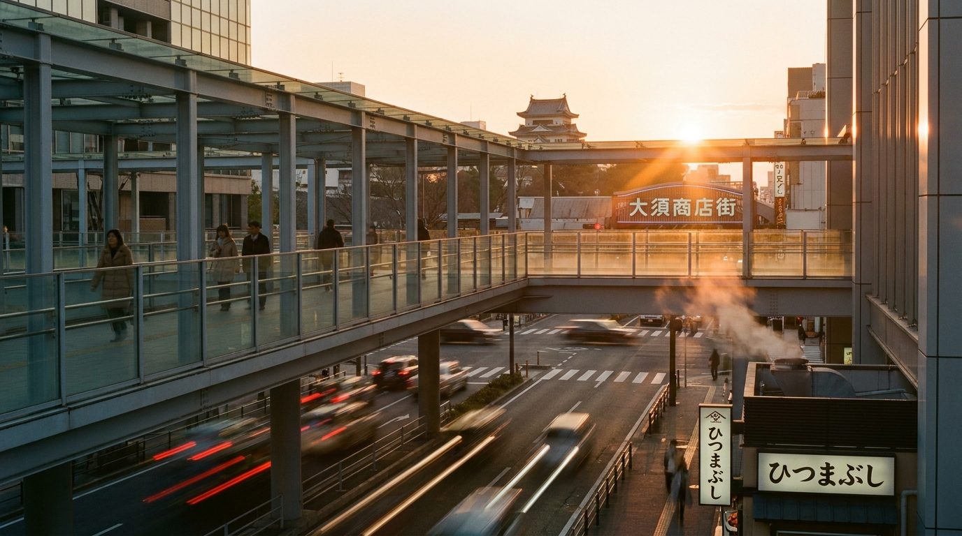 Nagoya elevated walkway at golden hour with traffic light trails below
