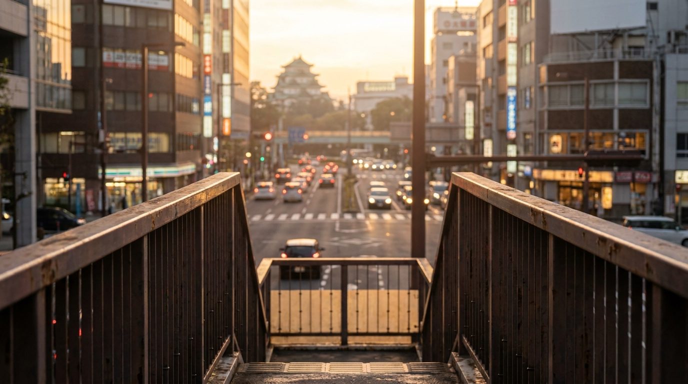 Nagoya Fushimi footbridge at dusk with steel railings framing distant traffic intersection