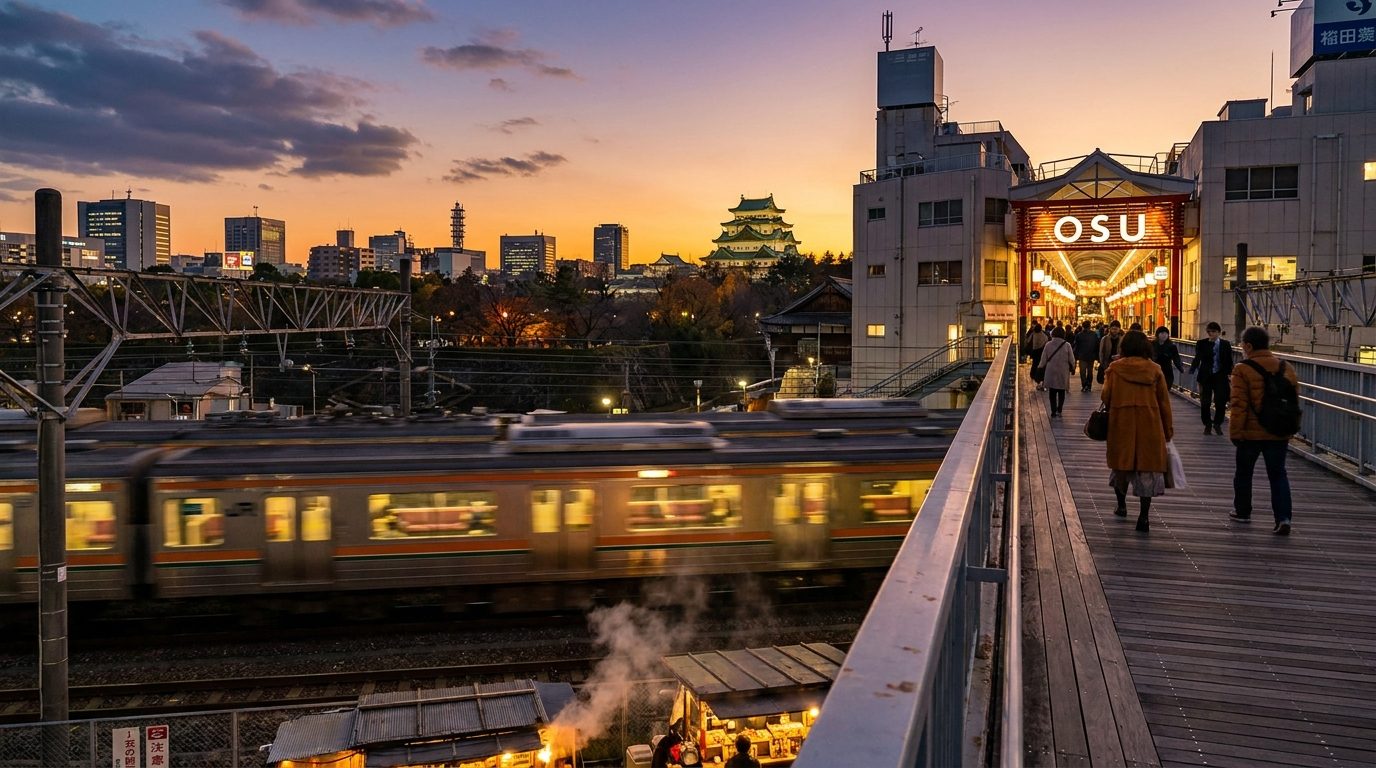 Nagoya Yanagibashi railway footbridge with JR train passing below at dusk