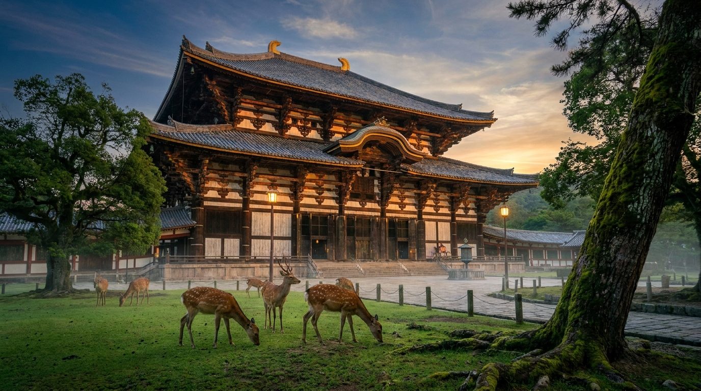 Tōdai-ji Great Buddha Hall facade at dusk, Nara Park in foreground