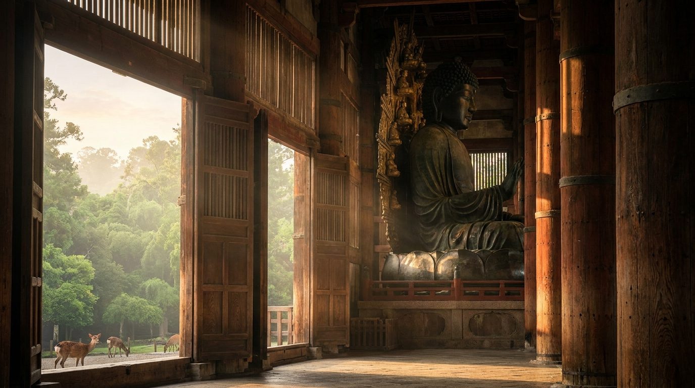 Interior of Tōdai-ji Daibutsuden showing Vairocana Buddha and cedar columns