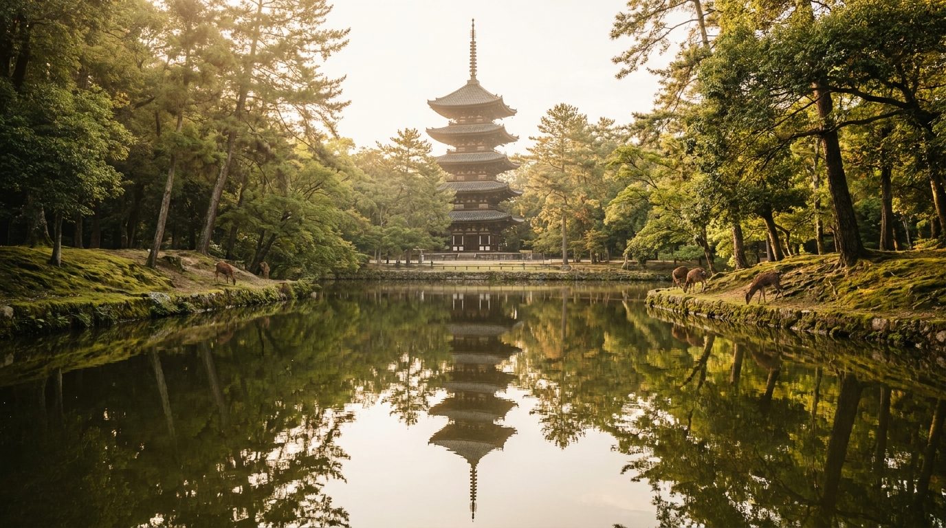 Kōfuku-ji five-storey pagoda reflected in Sarusawa Pond at golden hour