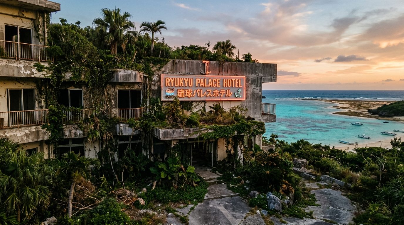 Abandoned Okinawa hotel facade at dusk with intact neon sign and overgrown concrete wall