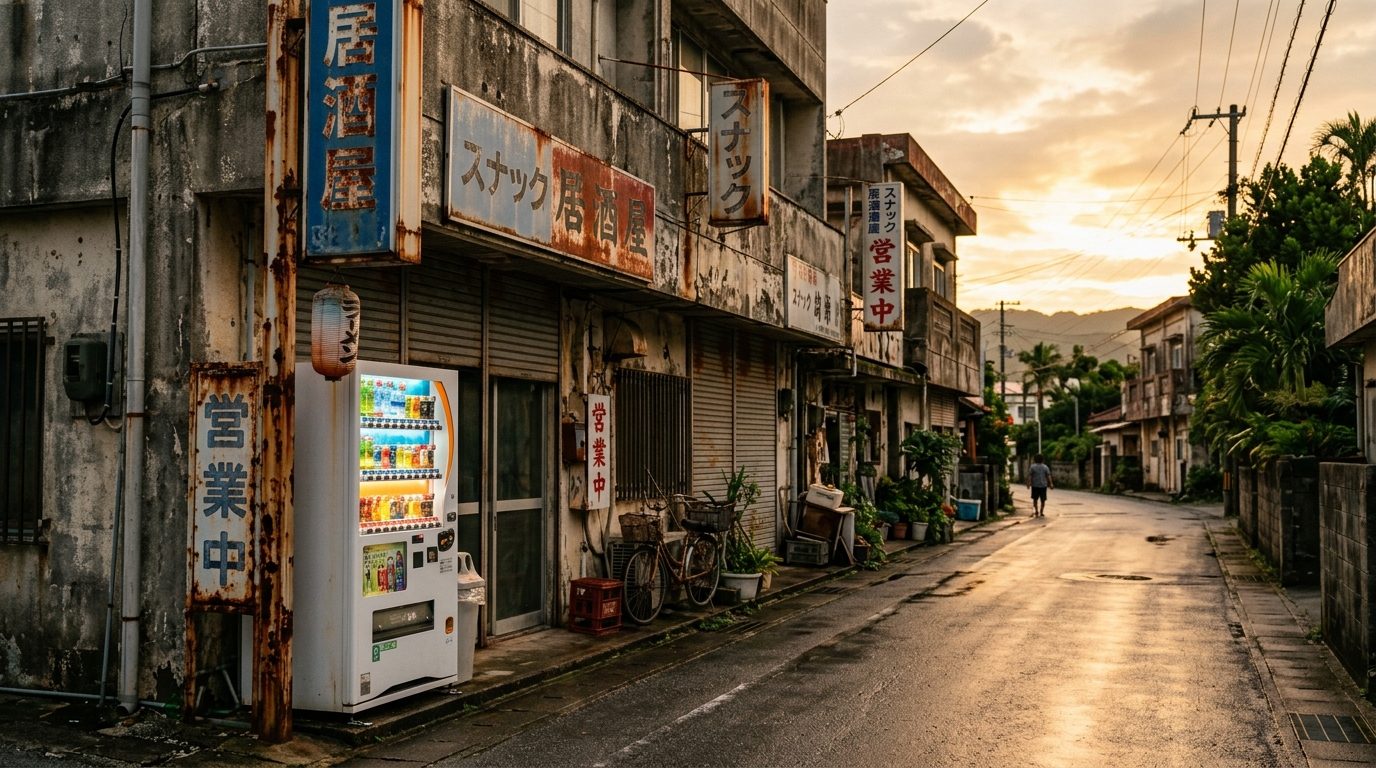 Kin Town abandoned shop street at golden hour with glowing vending machine and rust-stained signage