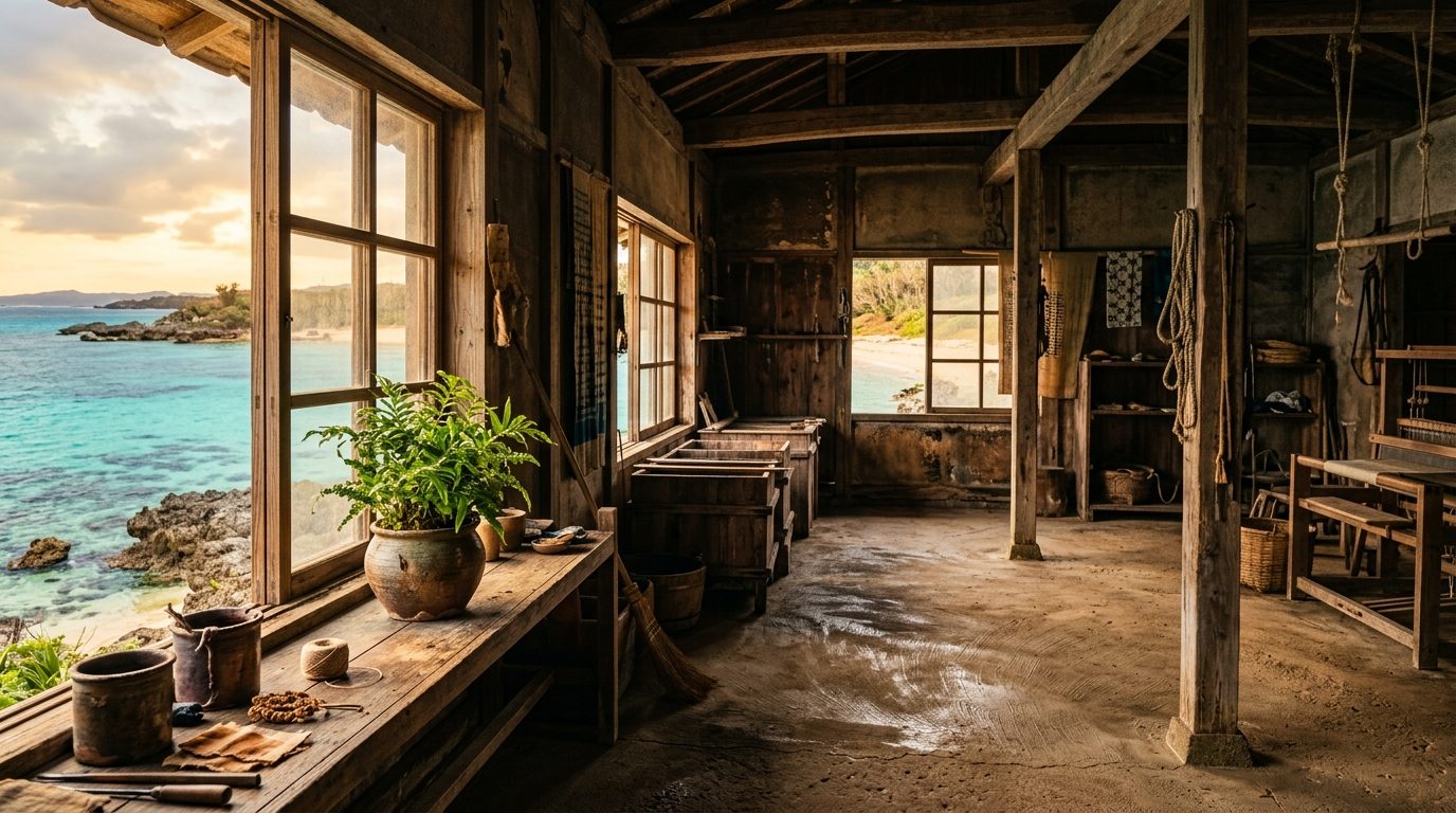 Interior of abandoned Naha dye factory with freshly swept floor and single potted plant near window
