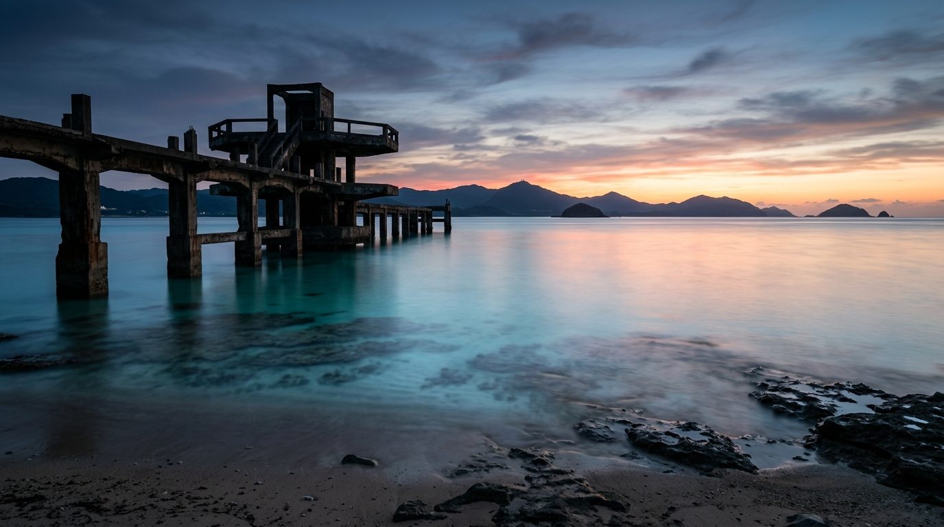 Pre-dawn long exposure at Motobu waterfront with abandoned expo-era structure and silky sea surface