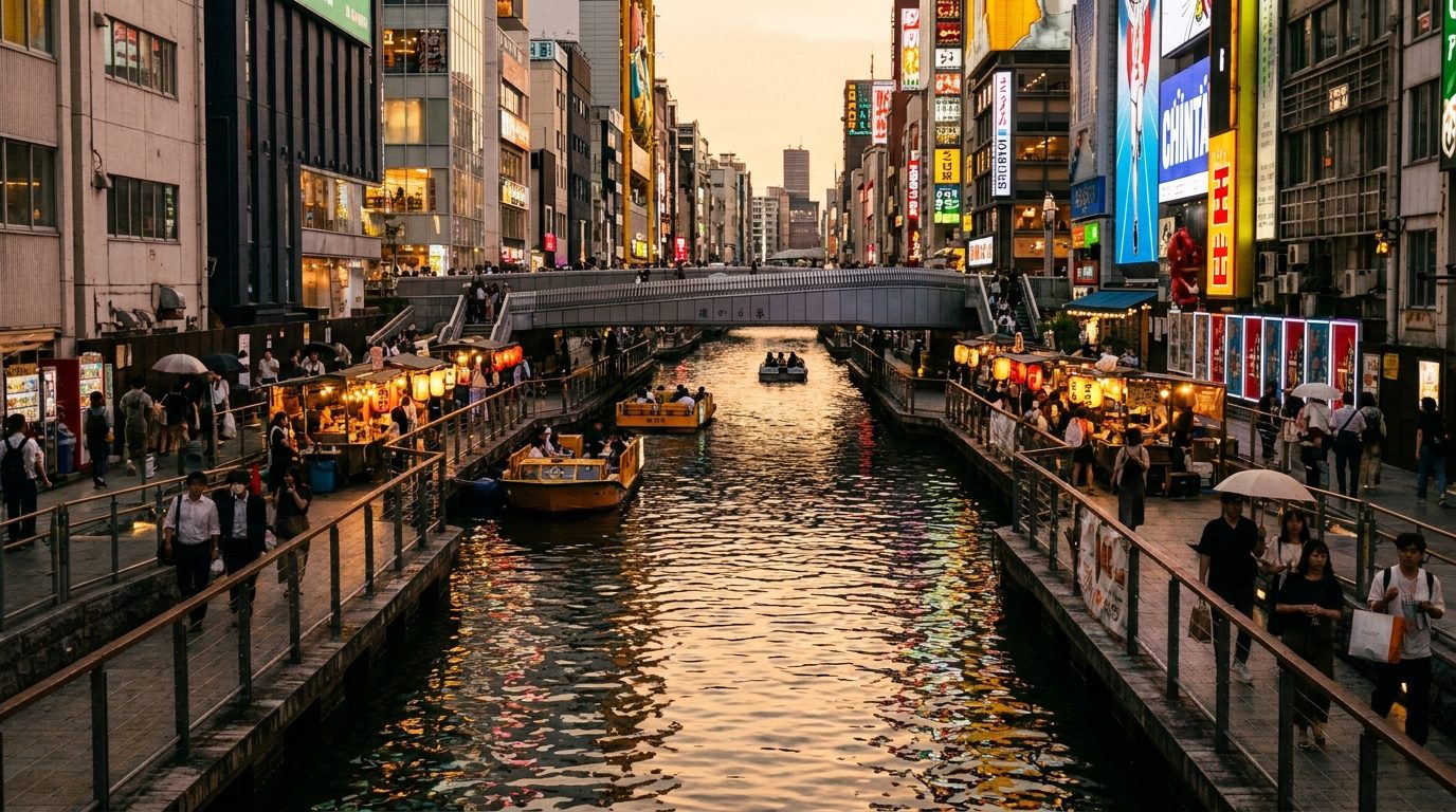 Dotonbori canal at night with neon signs reflecting on water, Osaka