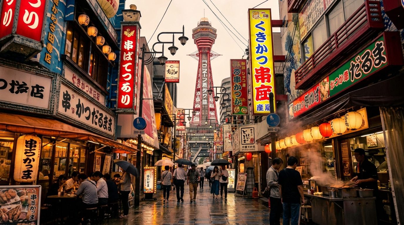 Shinsekai street with Tsutenkaku tower glowing at night, Osaka kushikatsu bars