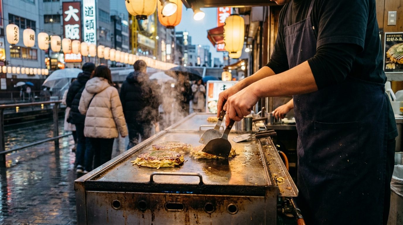 Okonomiyaki being cooked on iron griddle at Chibo restaurant, Namba Osaka