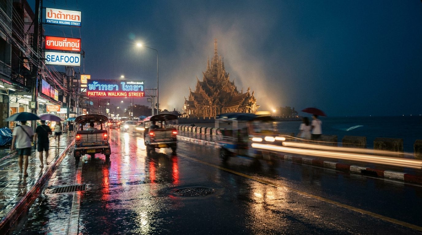 Walking Street Pattaya neon reflections on wet road, 35mm, long exposure at night