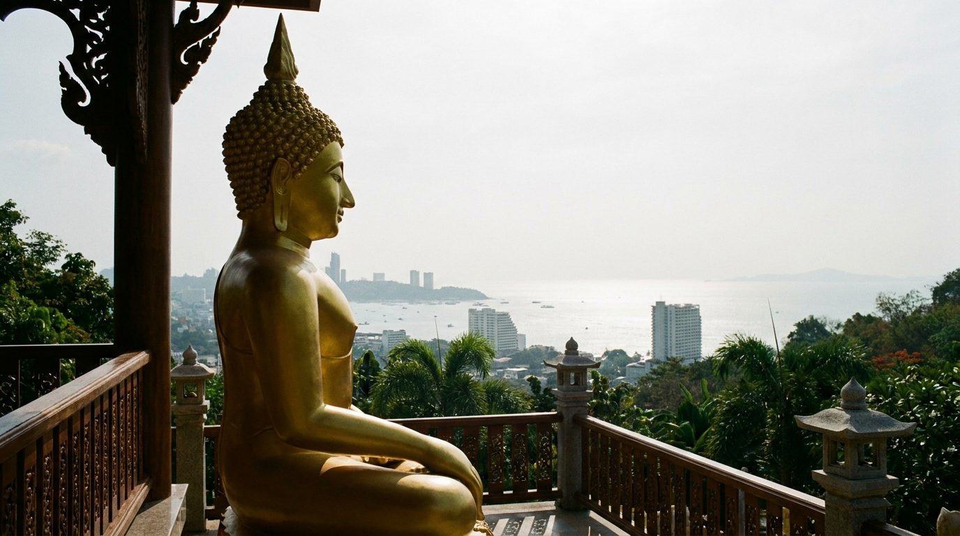 Wat Khao Phra Bat temple golden statue side backlit strong noon light Pattaya hillside